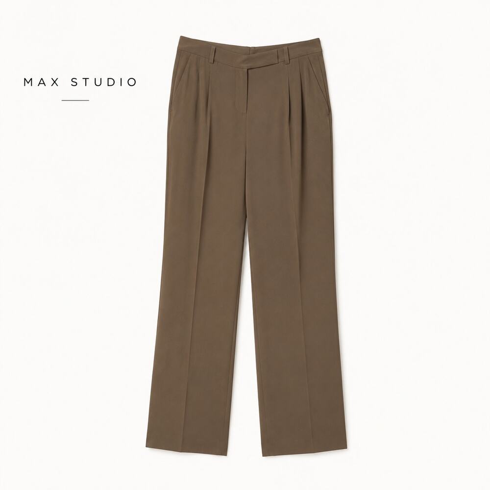 Max Studio Brown Pleated Dress Pants Women’s Size 12 Career Trousers Wide Leg